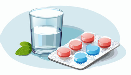 Wall Mural - Medicine pills, glass with water isolated on white. Pharmaceutical healthcare concept. vector illustration 