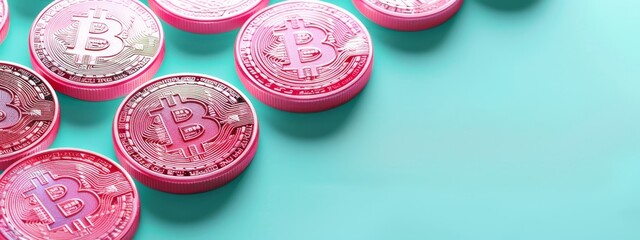 Wall Mural -  A blue table holds a stack of pink Bitcoins, accompanied by another stack next to it