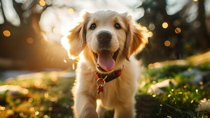 Young golden retriever dog laying on a grass, AI Generative.