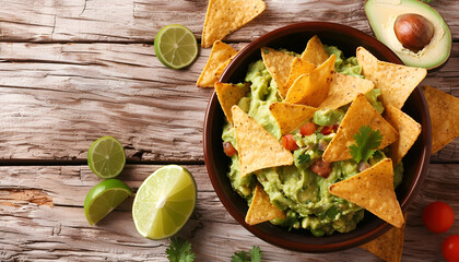 Wall Mural - Bowl of delicious guacamole, lime and nachos chips on wooden table, top view