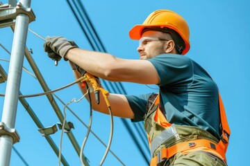 Wall Mural - Smart electrical engineer working and fixing wind mill while wearing safety helmet and inspecting sustainable energy. Electrical technician checking or maintenance eco wind mill with blue sky. AIG42.