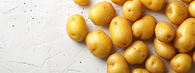  A stack of yellow potatoes and a stack of brown potatoes on a white countertop