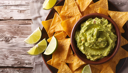 Wall Mural - Bowl of delicious guacamole, lime and nachos chips on wooden table, top view