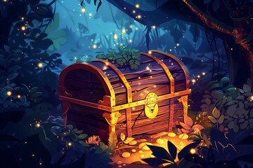 A fantasy treasure chest isolated in a magical forest
