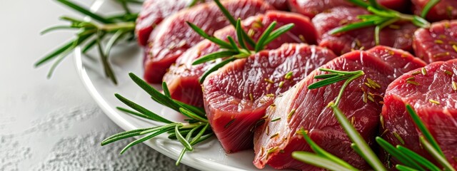 Wall Mural -  A tight shot of a raw meat platter topped with rosemary sprigs, accompanied by an individual sprig on the side