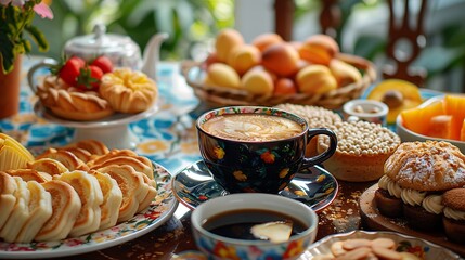 A detailed close-up of a traditional Brazilian caf colonial, featuring a rich black coffee served with an assortment of cakes, breads, and pastries. The table is beautifully set with colorful