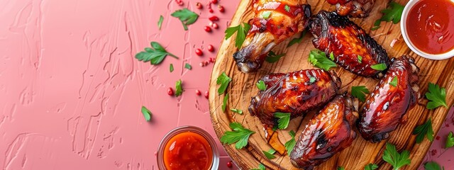 Wall Mural -  A wooden cutting board holds chicken wings coated in ketchup, garnished with parsley Nearby, a separate cup of ketchup is presented