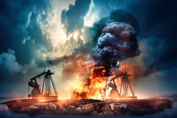 Wall Mural - A fiery inferno engulfs an oil rig, a stark reminder of the environmental havoc caused by unchecked resource exploitation