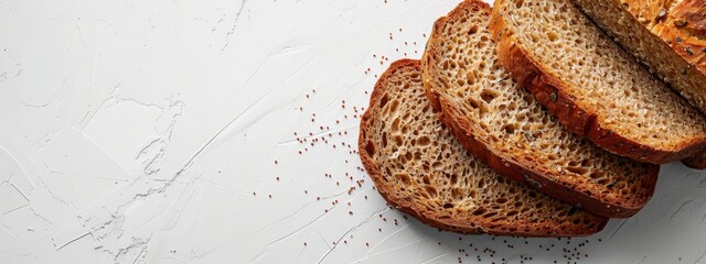 Wall Mural -  A tight shot of a sliced loaf of bread against a pristine white background, adorned with scattered sprinkles