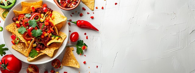 Wall Mural - tomatoes, peppers, cilantro, chips on white surface