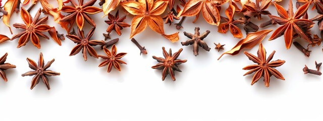 Wall Mural -  A pristine arrangement of star anise seeds against a white backdrop, allowing ample room for text or image insertion