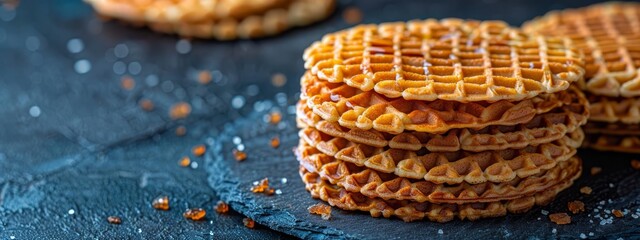 Wall Mural -  A tight shot of a stacked arrangement of waffles on a table, surrounded by more waffles in the background