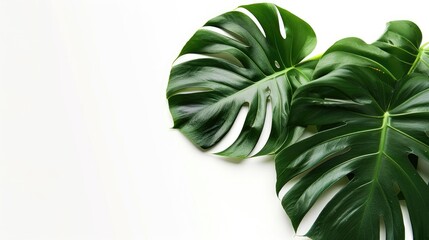 Wall Mural - Three jungle Monstera leaves on white background with space for text Tropical summer theme