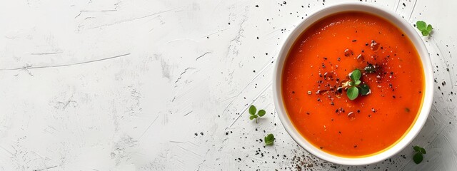 Wall Mural -  A bowl of tomato soup garnished with a parsley sprig on a pristine white surface