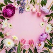 © Venture Bell - Various summer flowers flat lay purple peonies pink roses and tulips white chrysanthemums and green branches with leaves over pastel pink background top view flower texture wallpaper background