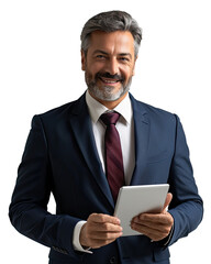 Portrait of senior executive businessman happy smiling and standing posing holding using tablet computer, Wear a blue suit and red tie, isolated on white background, png