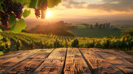 Rustic Wooden Table Setting with Tuscan Vineyard View