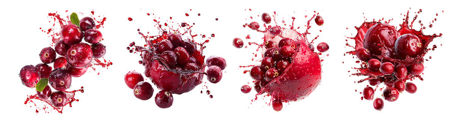 Cranberry fruits with water splash isolated on transparent background, fresh organic natural ripe