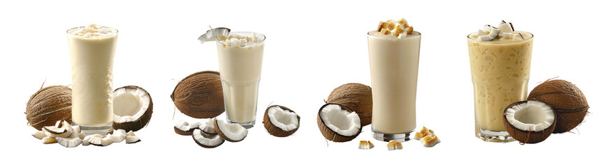 Refreshing coconut breeze smoothie with three glasses coconuts on transparent background, creamy delicious nutritious natural