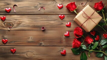 Poster - Gift box roses and heart decorations on wooden background