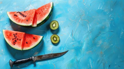 Wall Mural - Watermelon slices and knife against blue backdrop