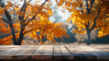 Wall Mural - Empty wooden product display table top with autumn landscape background nature scene podium mock up