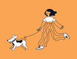 © venimo - Vector simple illustration in line style, girl walking with a dog on a lead, friendly mascot and character