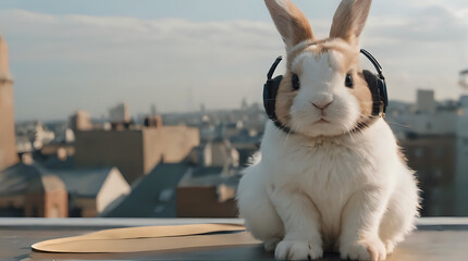 a rabbit wearing headphones sitting on a table