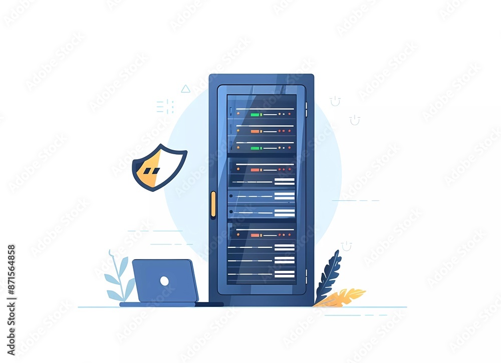 Flat vector illustration of a server rack with a security shield and ...