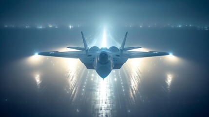 Military aircraft take off above runway