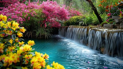 An idyllic floral haven where cherry blossom trees, cascading waterfalls, and a pristine blue pond create a peaceful atmosphere. The garden is alive with vibrant flowers in shades of yellow, pink,