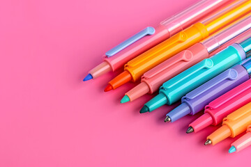 Poster - Multicolored felt tip pens on pink background for back to school flat lay with empty space