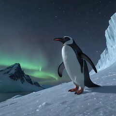 Wall Mural - penguin standing on a snowy hill with a green aurora behind it