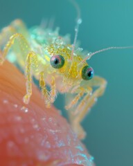 Sticker - Transparent shrimp with neon green eyes AI.