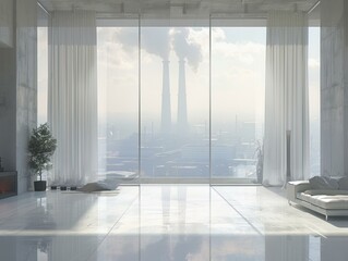 Poster - A modern living room with a large window overlooking a polluted city. AI.