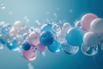 Wall Mural - Pink, blue, and white bubbles float in a blue background. AI.