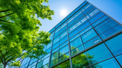 Glass building with green trees and blue sky in the background, eco-friendly office space concept.