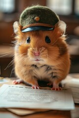 Canvas Print - Hamster wearing a military hat. AI.