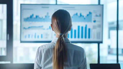 Businesswoman analyzing financial data on a large screen in a modern office. Rear view in focus, graphs blurred in the background.