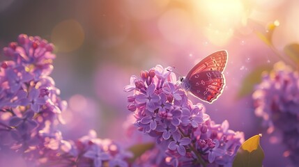 Wall Mural - Butterflies perch on a field of pretty purple flowers with a backdrop of warm, soft sunlight blurring in the background. The picture has a calm and peaceful atmosphere