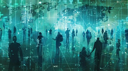World map with many people connected to it. Social networking, network connection and global communication technology concept.