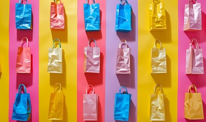 Wall Mural - Colorful Paper Bags Hanging on a Striped Wall