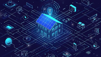 Digital smart home technology concept. Smart home technology background with icons representing various connected devices and services. Futuristic smart home technology. Future technology home remote 
