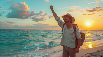Wall Mural - a joyful man walking on the beach at sunset, raising his arm in excitement, symbolizing freedom and 