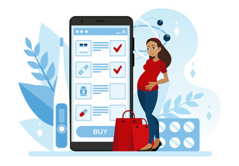 A pregnant woman buys medicines using an app on her phone. An application on a smartphone helps to manage pregnancy. Medical safety