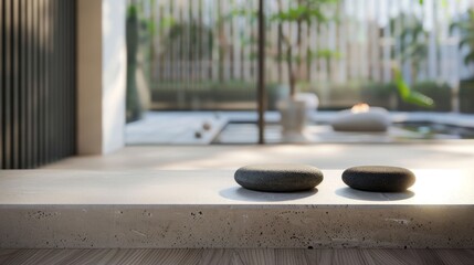 A serene spa environment featuring two balanced stones on a clean surface with a blurred background suggesting a peaceful retreat