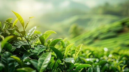 Wall Mural - tea leaves in the corner in a blurred background of a tea plantation.