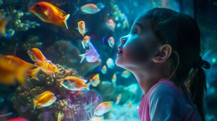 Wall Mural - A little girl is captivated by vibrant fish in a digital marine exhibit, her eyes filled with wonder and joy.