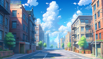 anime background illsutration, atmosphere of a empty street in the middle of a beautiful city