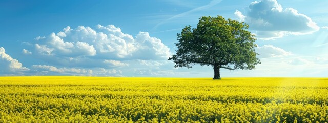 Canola field in spring with a tree in the middle of a canola field with a bright sky natural landscape background 